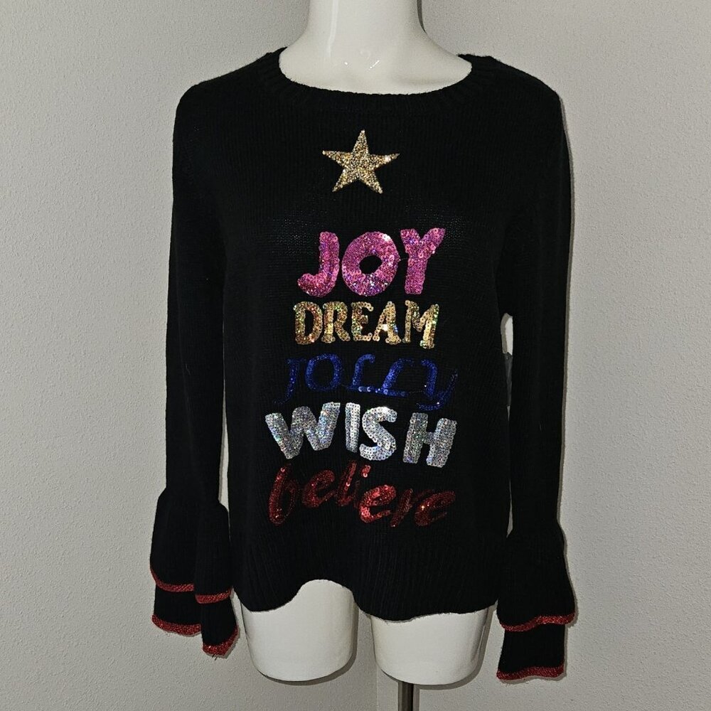 NEW Christmas Sweater Ugly Women's Medium 8-10 Bell Sleeves Joy Dream Jolly READ